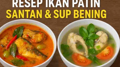 Thumbnail resep ikan patin berisi dua hidangan: patin kuah santan berwarna merah gurih dan sup patin bening yang segar, disajikan dalam mangkuk putih di atas meja kayu.
