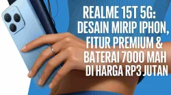 Tangan wanita memegang Realme 15T 5G berwarna biru muda dengan desain mirip iPhone di latar biru elegan.