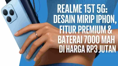 Tangan wanita memegang Realme 15T 5G berwarna biru muda dengan desain mirip iPhone di latar biru elegan.