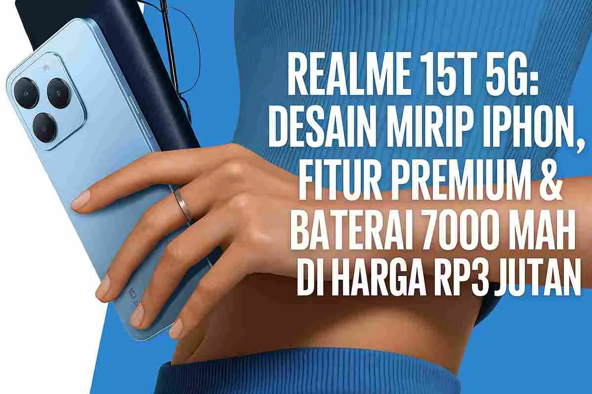 Tangan wanita memegang Realme 15T 5G berwarna biru muda dengan desain mirip iPhone di latar biru elegan.