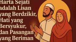 Ilustrasi islami seorang pria dan wanita beriman sedang berdzikir dan bersyukur, menggambarkan makna harta sejati dalam Islam.