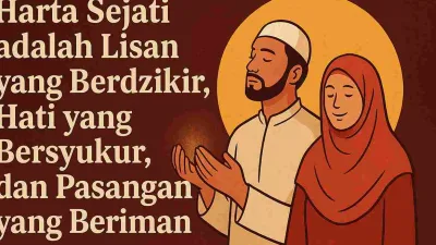 Ilustrasi islami seorang pria dan wanita beriman sedang berdzikir dan bersyukur, menggambarkan makna harta sejati dalam Islam.