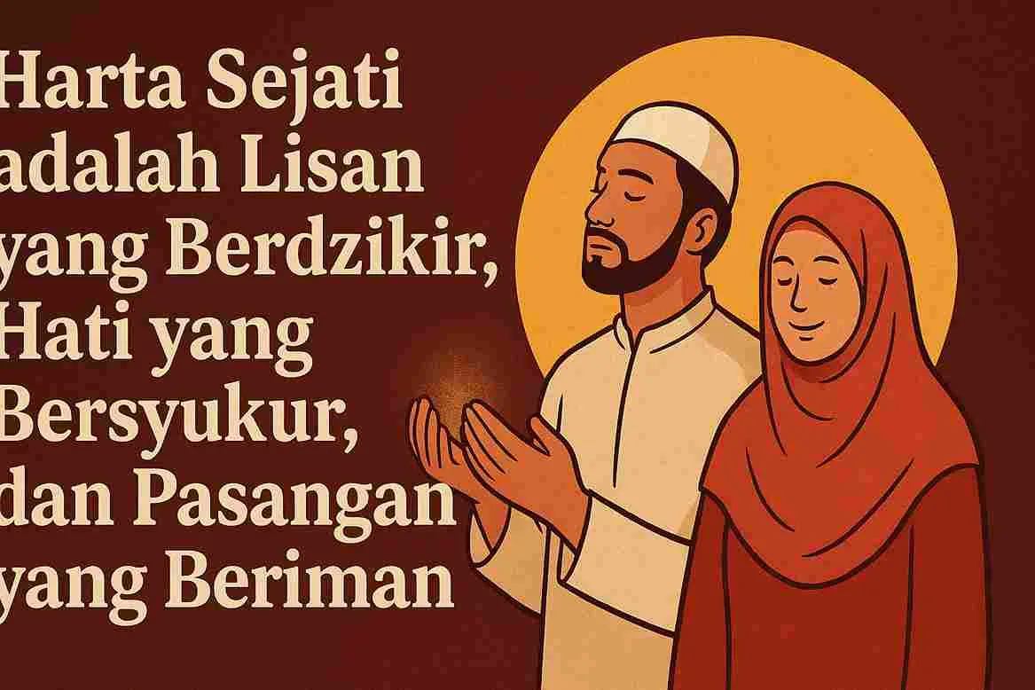 Ilustrasi islami seorang pria dan wanita beriman sedang berdzikir dan bersyukur, menggambarkan makna harta sejati dalam Islam.