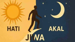 Ilustrasi konseptual menggambarkan keseimbangan antara hati, akal, dan jiwa — dengan matahari sebagai simbol hati, bulan sebagai simbol akal, dan sosok manusia yang berjalan di antara keduanya mewakili jiwa yang mencari keseimbangan spiritual.