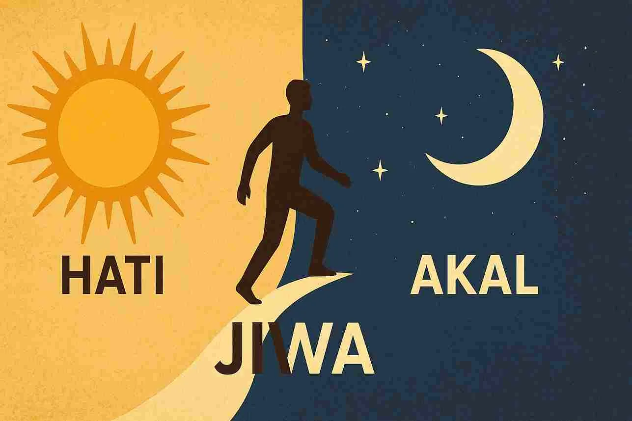 Ilustrasi konseptual menggambarkan keseimbangan antara hati, akal, dan jiwa — dengan matahari sebagai simbol hati, bulan sebagai simbol akal, dan sosok manusia yang berjalan di antara keduanya mewakili jiwa yang mencari keseimbangan spiritual.