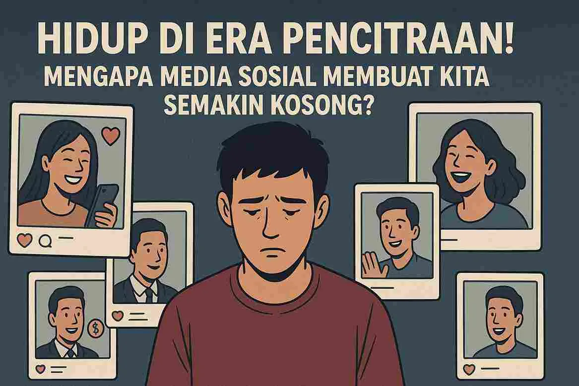 Ilustrasi seorang pria yang tampak sedih dikelilingi foto-foto unggahan media sosial berisi orang-orang yang terlihat bahagia, sebagai gambaran tekanan pencitraan dan kekosongan batin di era media sosial.