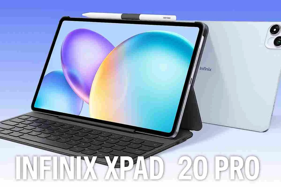 Infinix XPad 20 Pro dengan stylus dan keyboard, menampilkan desain premium dan layar 2K berwarna cerah.