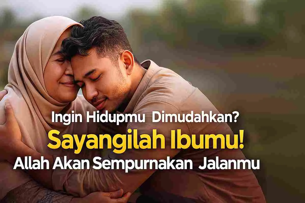 Seorang ibu berhijab dan anak laki-lakinya saling berpelukan dengan hangat, menggambarkan kasih sayang dan bakti seorang anak kepada ibunya.