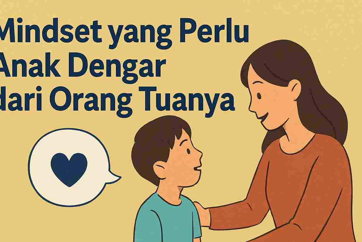 Ilustrasi ibu dan anak sedang berkomunikasi hangat, dengan tulisan “Mindset yang Perlu Anak Dengar dari Orang Tuanya” sebagai tema utama.