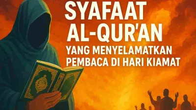 Ilustrasi seorang muslim berjubah memegang Al-Qur’an dengan latar langit kemerahan menggambarkan syafaat Al-Qur’an pada Hari Kiamat.