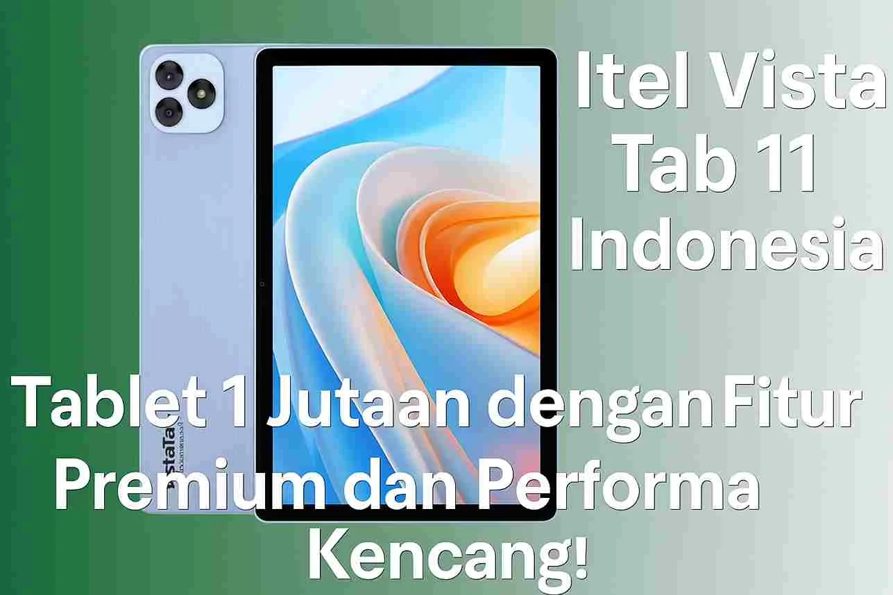 Thumbnail promosi Itel Vista Tab 11 Indonesia dengan desain modern berlayar lebar dan teks "Tablet 1 Jutaan dengan Fitur Premium dan Performa Kencang".