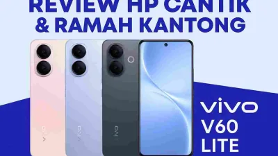Thumbnail review vivo V60 Lite menampilkan tiga varian warna dan desain premium dengan tulisan review HP cantik dan ramah kantong.