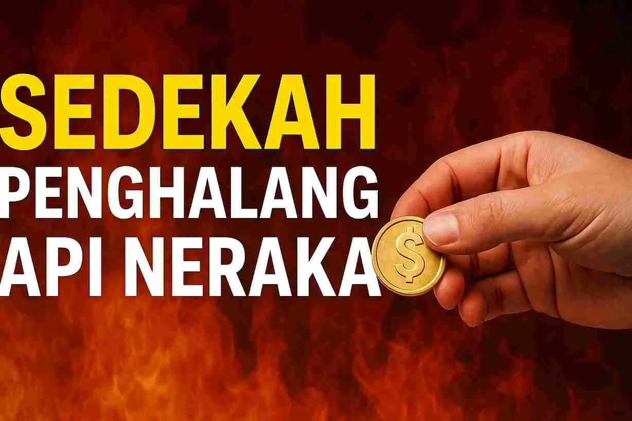 Thumbnail bertema sedekah dengan tangan memegang koin emas di depan latar api, serta tulisan “Sedekah Penghalang Api Neraka”.