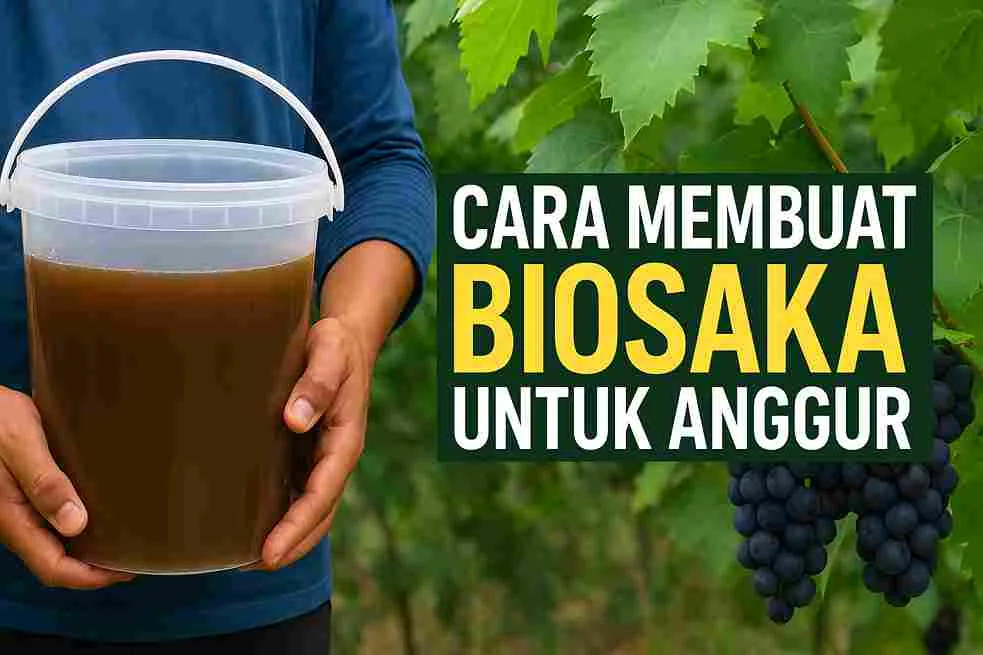 Ilustrasi proses pembuatan biosaka, menampilkan orang memegang ember berisi larutan biosaka dengan latar tanaman anggur hijau dan buah anggur hitam.