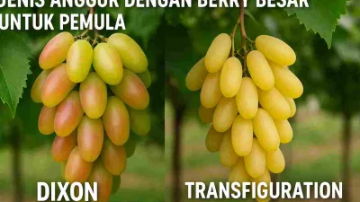 Thumbnail perbandingan anggur Dixon dan Transfiguration dengan berry besar, menampilkan dua tandan anggur berukuran jumbo berwarna kuning kemerahan dan kuning cerah sebagai ilustrasi varietas anggur untuk pemula.