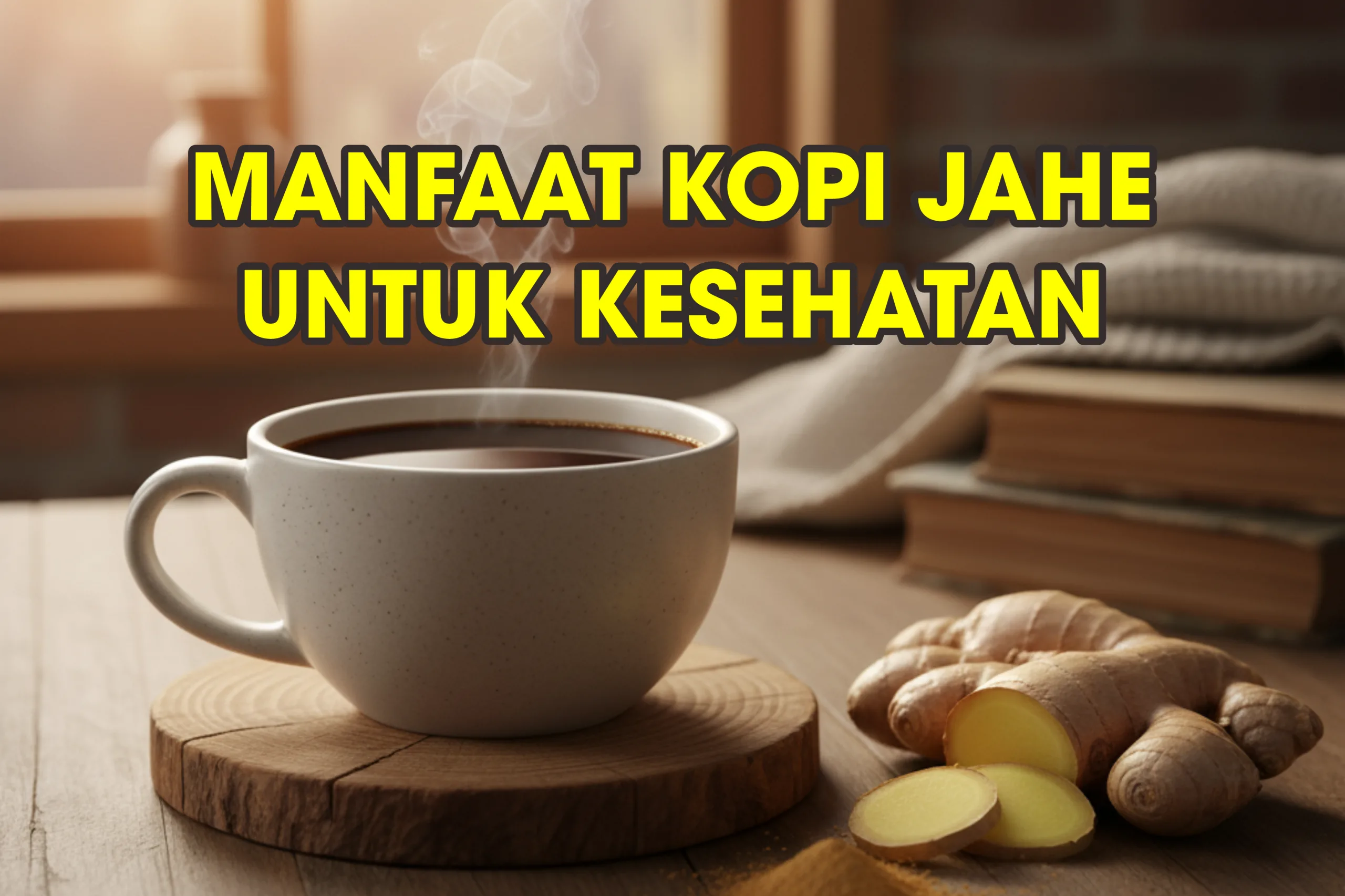 Secangkir kopi hitam dengan potongan jahe di atas meja kayu, dilengkapi tulisan “Manfaat Kopi jahe untuk Kesehatan”.