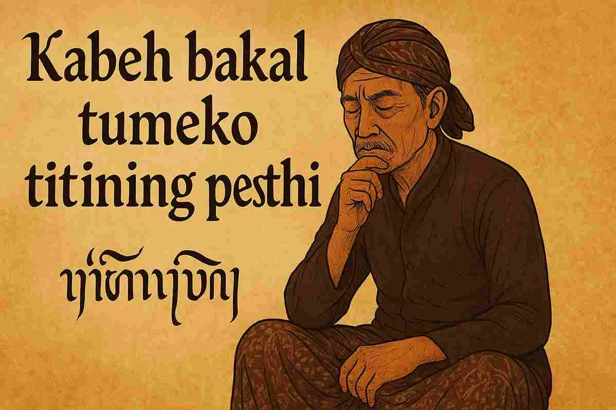 Ilustrasi filosofi Jawa “Kabeh bakal tumeko titining pesthi” menampilkan lelaki tua berblangkon sedang merenung dengan latar warna keemasan dan aksara Jawa.