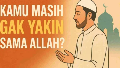 Ilustrasi seorang muslim duduk di atas sajadah dengan cahaya lembut dari langit menembus jendela, melambangkan ketenangan dan keyakinan kepada Allah.