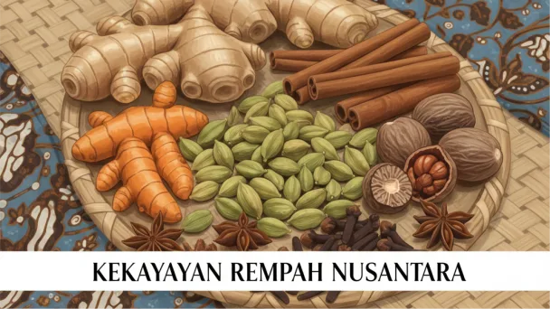 Beragam rempah Nusantara seperti jahe, kunyit, kapulaga, kayu manis, pala, dan cengkih tersusun di atas tampah dengan latar kain batik khas Indonesia.