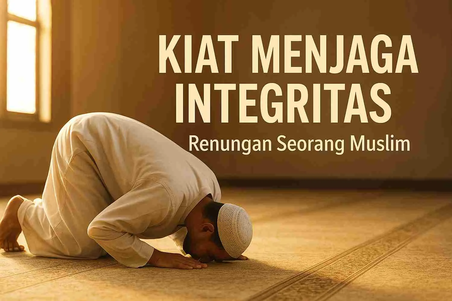 Seorang Muslim bersujud di dalam masjid, melambangkan kejujuran dan keteguhan iman dalam menjaga integritas.