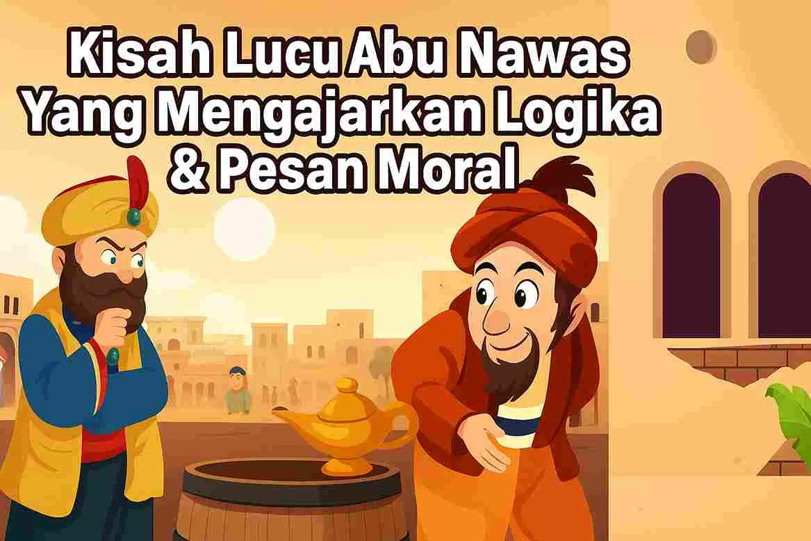 Gambar ilustrasi Abu Nawas dan Raja Harun Al-Rasyid dalam gaya kartun, dengan tulisan Kisah Lucu Abu Nawas Yang Mengajarkan Logika & Pesan Moral di bagian atas.