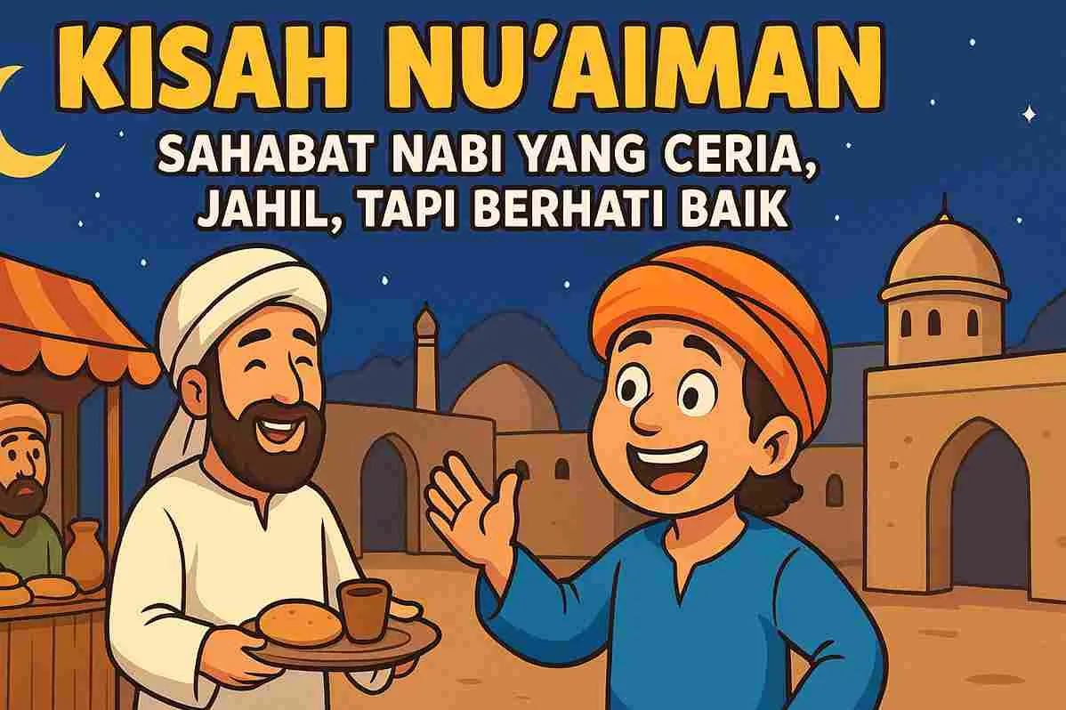 “Ilustrasi kartun Nu’aiman dan seorang sahabat tersenyum sambil membawa makanan, berlatar suasana pasar dan bangunan bergaya Arab di malam hari, dengan judul ‘Kisah Nu’aiman – Sahabat Nabi yang Ceria, Jahil, Tapi Berhati Baik’.”