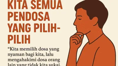 Ilustrasi reflektif seorang pria berpikir dengan kutipan Syams Tabrizi “Kita semua pendosa yang pilih-pilih” di latar belakang, menggambarkan pesan introspeksi dan kejujuran diri.