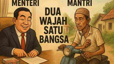Ilustrasi satir perbandingan Menteri berdasi di kantor mewah dan Mantri desa bermotor tua, menggambarkan kontras sosial dua wajah satu bangsa Indonesia.