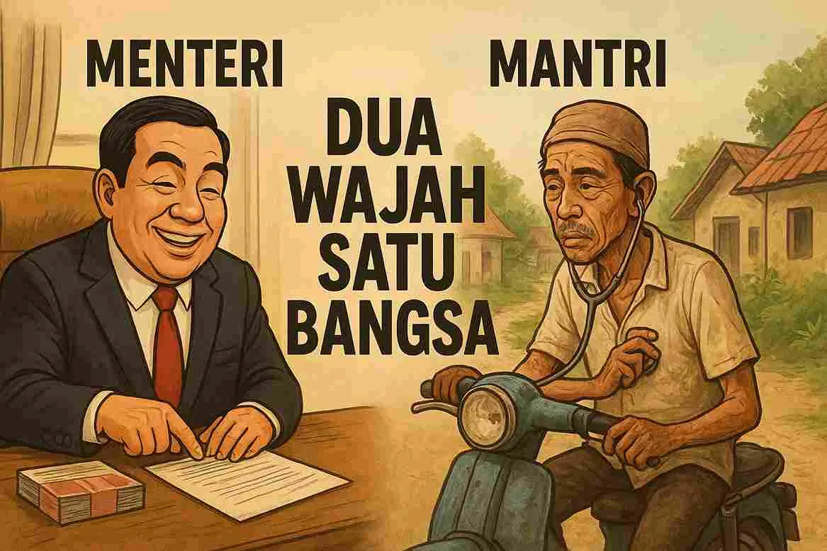 Ilustrasi satir perbandingan Menteri berdasi di kantor mewah dan Mantri desa bermotor tua, menggambarkan kontras sosial dua wajah satu bangsa Indonesia.