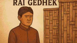 Ilustrasi bergaya tradisional menampilkan pria Jawa mengenakan blangkon dan baju cokelat dengan ekspresi datar di depan dinding bambu anyaman, menggambarkan makna filosofi “Rai Gedhek” tentang rasa malu dan adab.