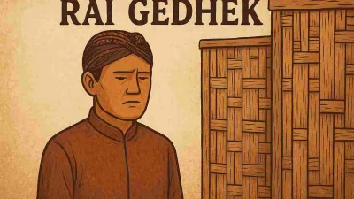 Ilustrasi bergaya tradisional menampilkan pria Jawa mengenakan blangkon dan baju cokelat dengan ekspresi datar di depan dinding bambu anyaman, menggambarkan makna filosofi “Rai Gedhek” tentang rasa malu dan adab.
