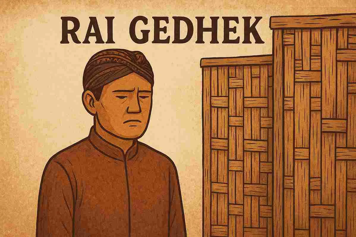 Ilustrasi bergaya tradisional menampilkan pria Jawa mengenakan blangkon dan baju cokelat dengan ekspresi datar di depan dinding bambu anyaman, menggambarkan makna filosofi “Rai Gedhek” tentang rasa malu dan adab.