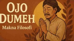 Ilustrasi filosofi Jawa "Ojo Dumeh" dengan sosok pria Jawa mengenakan blangkon dan baju tradisional sedang menunduk dengan tangan terkatup, menggambarkan sikap rendah hati dan kesadaran diri.