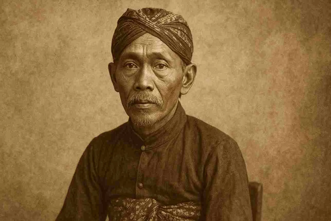 Potret orang Jawa tempo dulu mengenakan blangkon dan pakaian tradisional, bergaya sepia, menampilkan kesan bijaksana dan penuh filosofi.