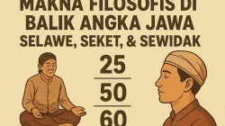 Ilustrasi filosofis angka Jawa Selawe, Seket, dan Sewidak yang menggambarkan perjalanan hidup manusia dari muda hingga tua.