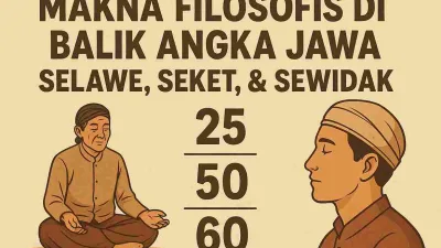 Ilustrasi filosofis angka Jawa Selawe, Seket, dan Sewidak yang menggambarkan perjalanan hidup manusia dari muda hingga tua.