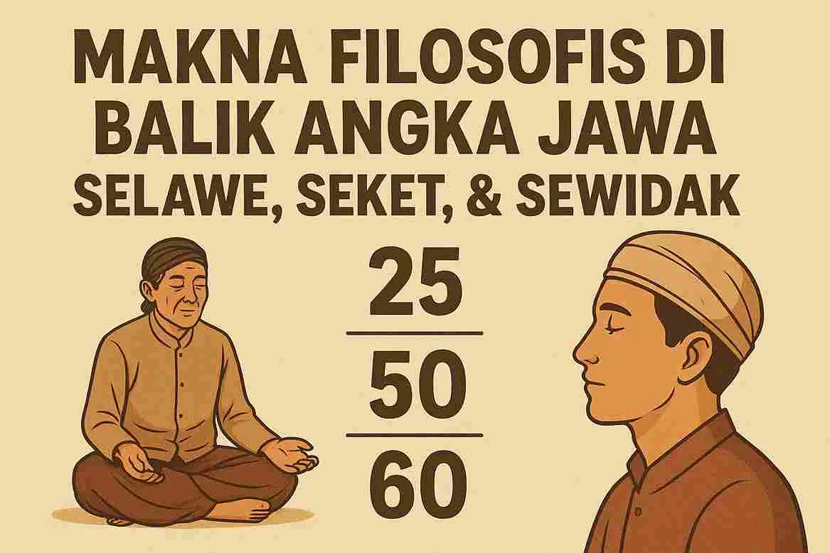 Ilustrasi filosofis angka Jawa Selawe, Seket, dan Sewidak yang menggambarkan perjalanan hidup manusia dari muda hingga tua.