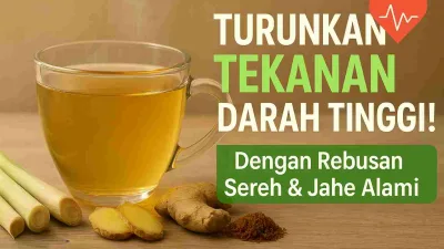 Rebusan sereh hangat dalam gelas bening dengan potongan jahe dan batang sereh, ramuan herbal alami penurun tekanan darah tinggi.