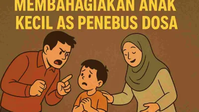 Ilustrasi keluarga Muslim dengan seorang ayah yang tampak marah, anak kecil yang ketakutan, dan ibu berhijab yang menenangkan situasi dengan lembut — menggambarkan makna kasih sayang dan penebusan dosa melalui kebahagiaan anak.