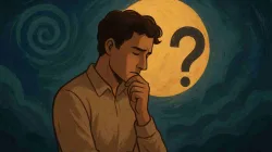 Ilustrasi seorang pria sedang merenung di bawah cahaya kuning berbentuk lingkaran dengan tanda tanya besar di belakangnya, melambangkan pencarian makna di tengah ketidakpastian hidup.