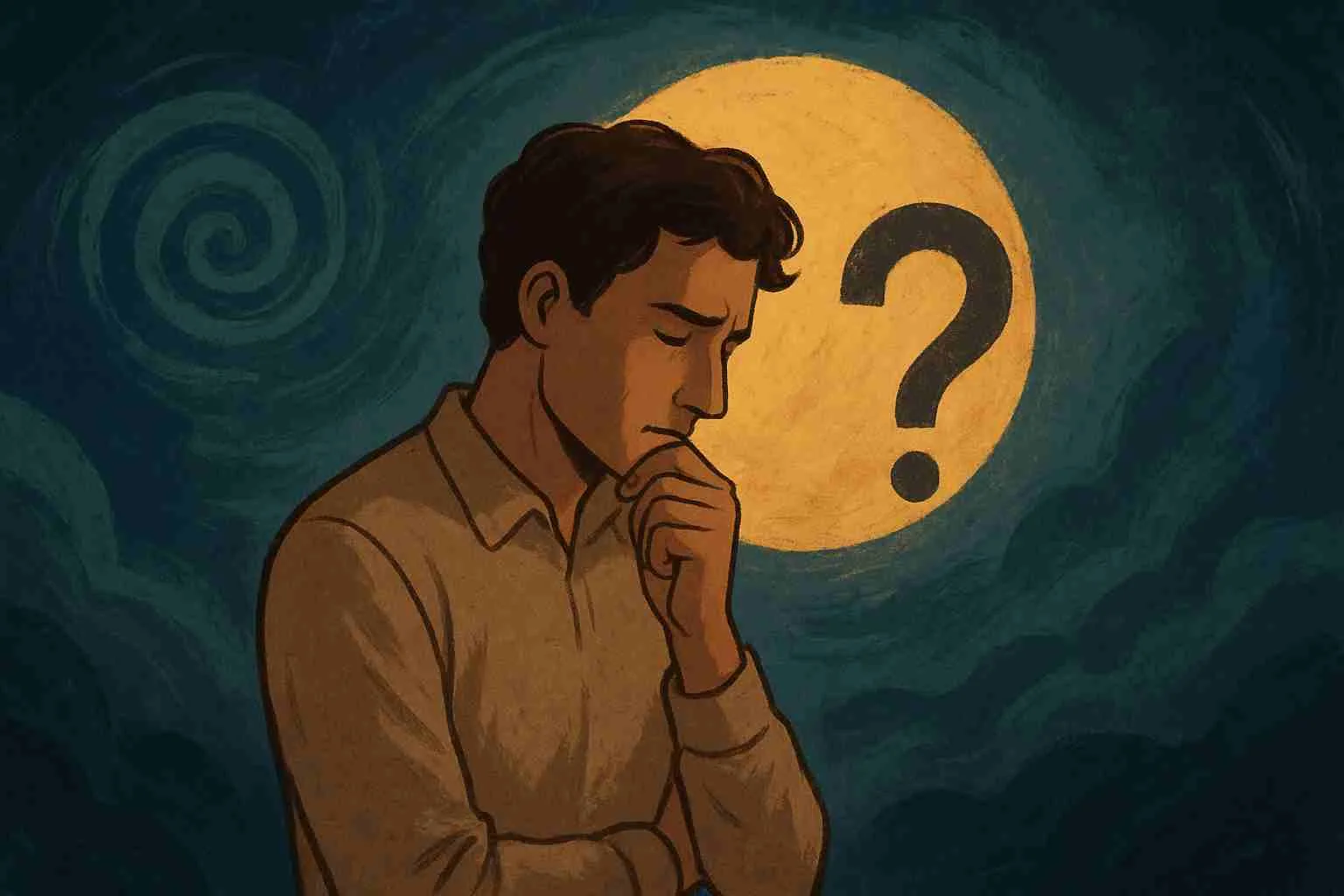 Ilustrasi seorang pria sedang merenung di bawah cahaya kuning berbentuk lingkaran dengan tanda tanya besar di belakangnya, melambangkan pencarian makna di tengah ketidakpastian hidup.