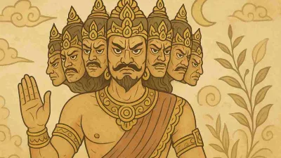 Ilustrasi bergaya Jawa menampilkan Rahwana atau Dasamuka, raja Alengka berwajah sepuluh, dengan ekspresi tegas dan latar bernuansa klasik berwarna cokelat keemasan.