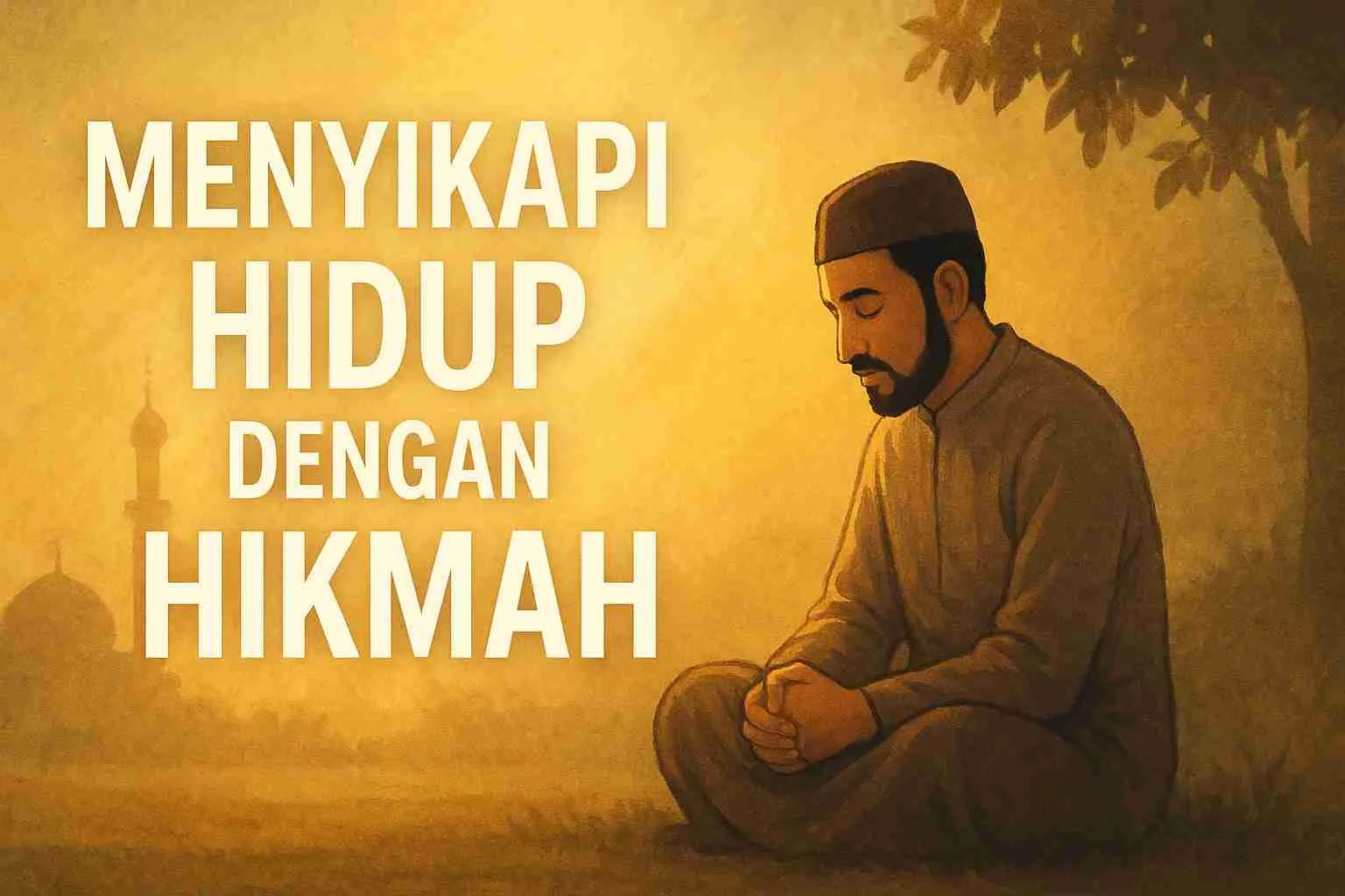 Ilustrasi seorang pria muslim sedang duduk merenung di bawah pohon dengan latar masjid dan cahaya keemasan, menggambarkan ketenangan dan kebijaksanaan dalam menyikapi hidup dengan hikmah.
