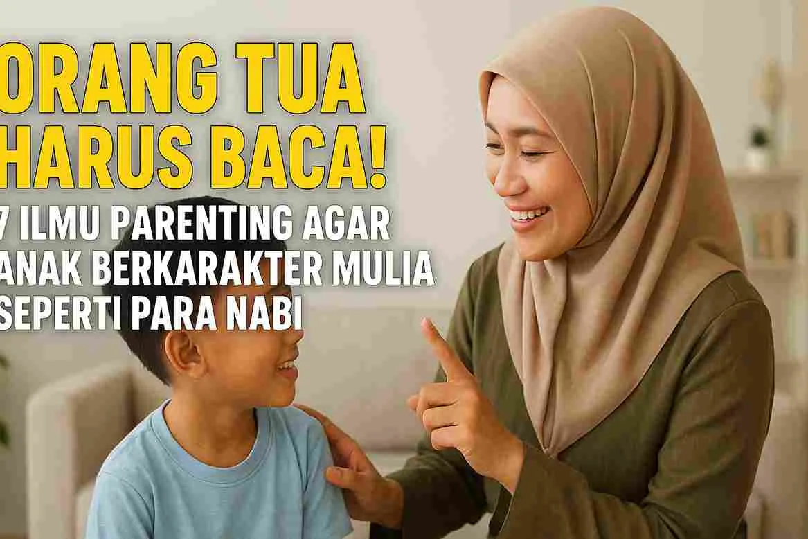 Ibu berhijab tersenyum sambil berbicara hangat dengan anak laki-laki di ruang tamu, overlay teks ajakan membaca parenting.