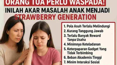 Seorang ibu terlihat cemas sambil memegang bahu anak remajanya yang tampak tertekan, disertai teks besar bertuliskan “Orang Tua Perlu Waspada! Inilah Akar Masalah Anak Menjadi Strawberry Generation” dan daftar penyebab seperti pola asuh melindungi, kurang tanggung jawab, serta paparan gadget berlebihan.