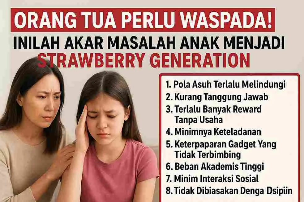 Seorang ibu terlihat cemas sambil memegang bahu anak remajanya yang tampak tertekan, disertai teks besar bertuliskan “Orang Tua Perlu Waspada! Inilah Akar Masalah Anak Menjadi Strawberry Generation” dan daftar penyebab seperti pola asuh melindungi, kurang tanggung jawab, serta paparan gadget berlebihan.