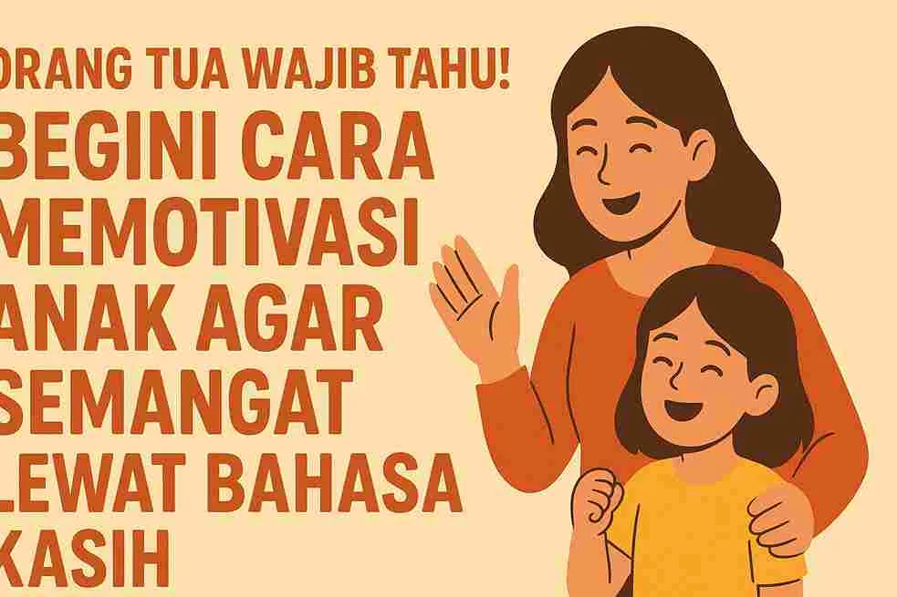 Ilustrasi ibu dan anak sedang tersenyum bahagia dengan nuansa warna hangat, disertai tulisan “Orang Tua Wajib Tahu! Begini Cara Memotivasi Anak Agar Semangat Lewat Bahasa Kasih".
