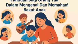 Ilustrasi gaya flat seorang ibu sedang mendampingi anaknya menggambar, dikelilingi gambar anak-anak lain yang sedang bernyanyi, bermain gitar, menari, dan belajar. Gambar ini melambangkan berbagai bakat anak yang bisa dikenali dan dikembangkan oleh orang tua.