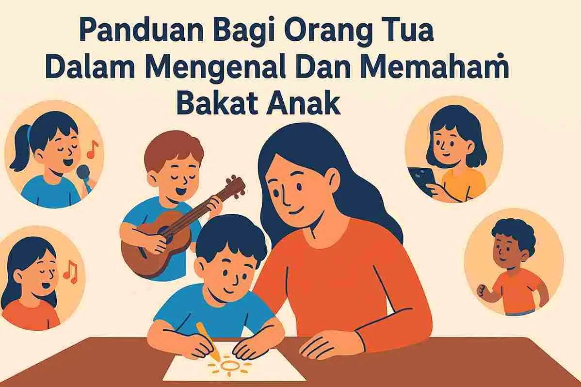 Ilustrasi gaya flat seorang ibu sedang mendampingi anaknya menggambar, dikelilingi gambar anak-anak lain yang sedang bernyanyi, bermain gitar, menari, dan belajar. Gambar ini melambangkan berbagai bakat anak yang bisa dikenali dan dikembangkan oleh orang tua.