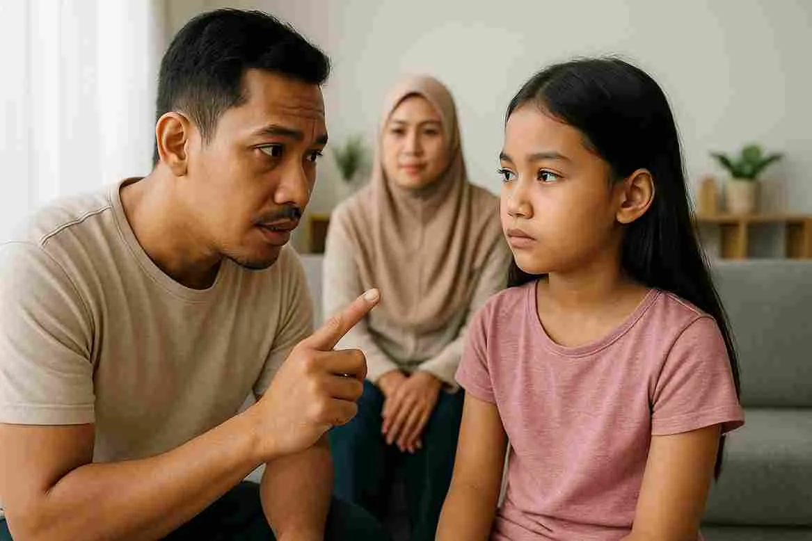 Seorang ayah asal Asia Tenggara menasihati anak laki-lakinya dengan lembut di ruang tamu rumah. Keduanya tampak tersenyum hangat dalam suasana keluarga yang penuh kasih.
